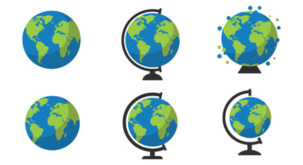 Earth globe illustrations in various views and styles on white background
