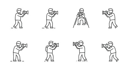 Line drawings of people holding and using various types of cameras