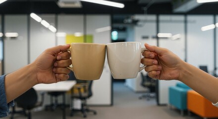 Two hands clinking coffee mugs in a modern office setting, joyful atmosphere, copy space