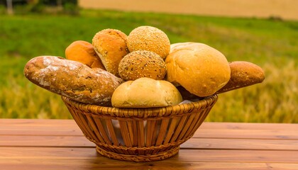 A variety of baked goods in a rustic woven basket, displayed outdoors against a backdrop of a grassy field.