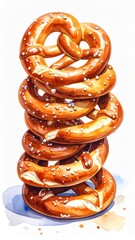 Pile of Salted Pretzels Watercolor Illustration Art Style on White Background