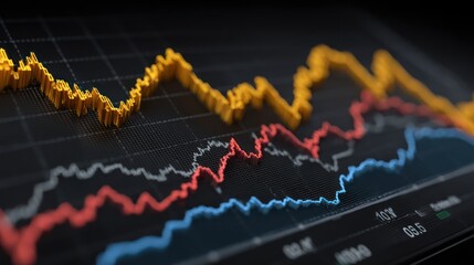Multi-colored financial charts display fluctuating market trends on a dark screen.