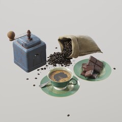 Vintage coffee setup with beans and chocolate.