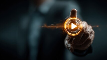 Hand Interacting with Glowing Play Button Digital Interface
