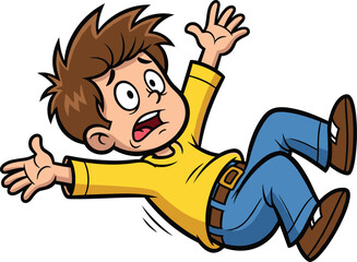 Cartoon boy falling backward, surprised child expression, dynamic action pose, emotional reaction moment, flat vector style, cad drawing flat vector illustration