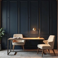 Fototapeta premium Modern home office with a wooden desk comfortable chair laptop and minimalist artwork on a grey wall