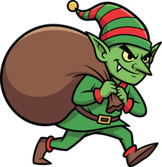 Cartoon goblin character walking, mischievous elf with sack, fantasy creature in costume, flat vector style, cad drawing flat vector illustration