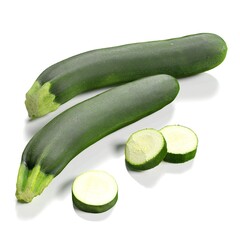 Fresh green zucchinis with sliced portions.
