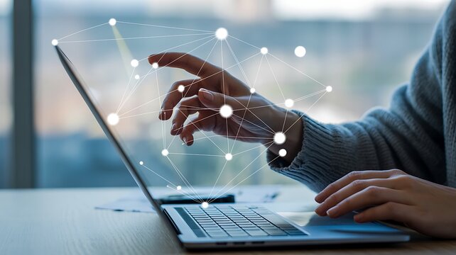 Woman using laptop with digital network overlay connecting data points and global communication for future technology and artificial intelligence