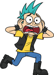 Cartoon character running, flat vector illustration, blue spiky hair, yellow shirt, black vest, distressed expression, urgent pose, expressive motion, humor theme