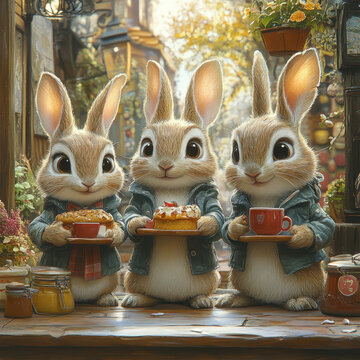 Peter Rabbit surrounded by other rabbits.