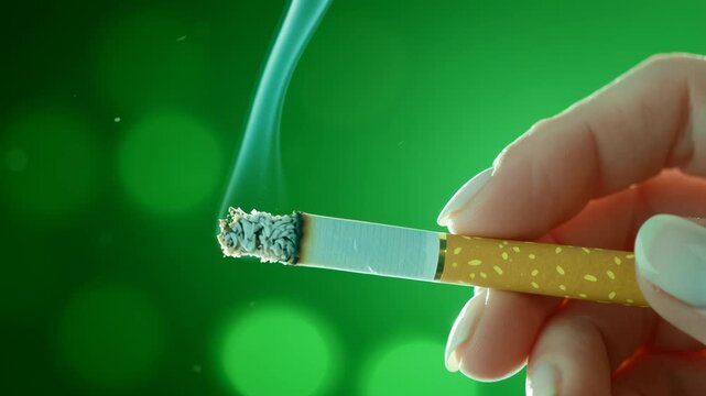 Close-up of burning cigarette with smoke rising against green blurred background, symbolizing addiction, health risk, and lifestyle habit.
