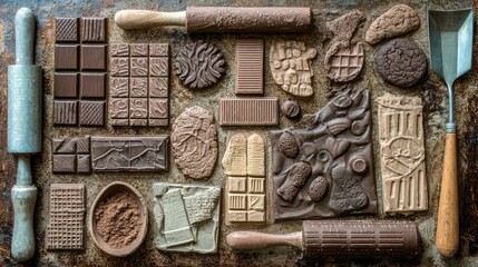 Assorted Chocolate and Cookie Shapes on a Rustic Baking Surface with Rolling Pins and Spatula