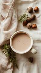 Chocolate Milk in White Mug with Acorns and Rosemary on Linen Surface