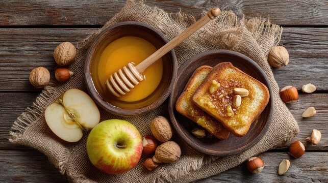 Fresh Breakfast Spread with Sweet Honey, Toasted Bread, Sliced Apples, Nuts, and Rustic Wooden Table Setting