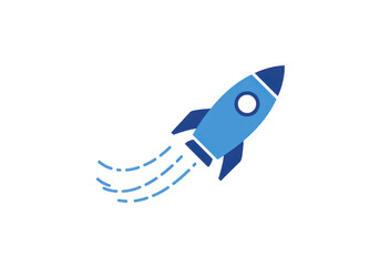 Blue rocket launching with blue dashed lines indicating motion, isolated on transparent background