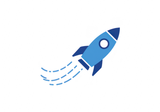 Blue rocket launching with blue dashed lines indicating motion, isolated on transparent background