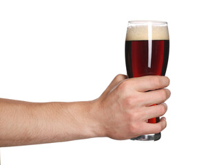 Man with glass of tasty beer on white background, closeup