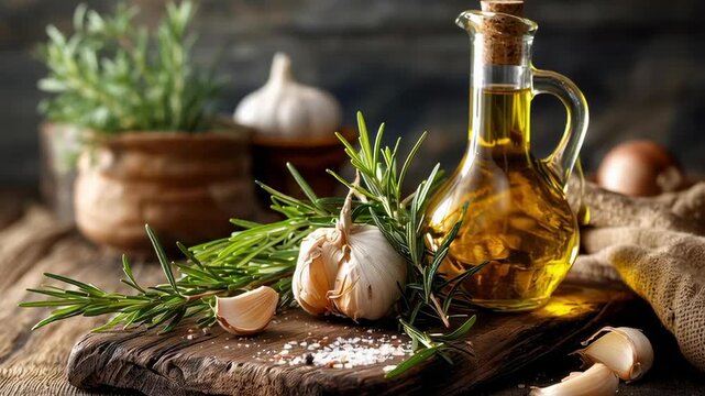 A wooden cutting board with garlic and herbs on it. A bottle of olive oil is next to the herbs