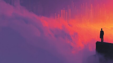 A solitary figure stands atop a craggy peak, gazing out at a city veiled in vibrant, surreal clouds.