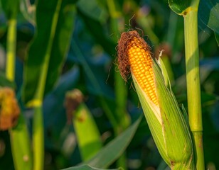 Corn cob on stalk in field