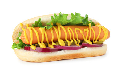 Tasty hot dog with pickles, lettuce, onion and mustard isolated on white
