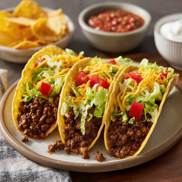 Three crunchy beef tacos topped with lettuce, tomatoes, and cheese served with salsa and chips.