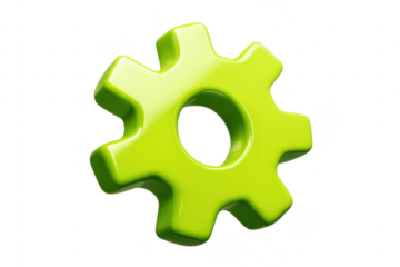 Green gear rotating on transparent background, industrial concept