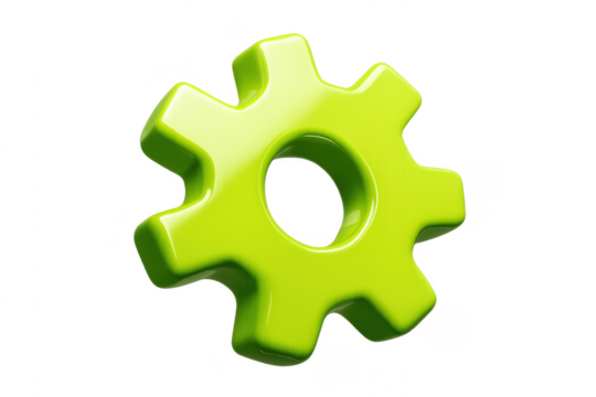 Green gear rotating on transparent background, industrial concept