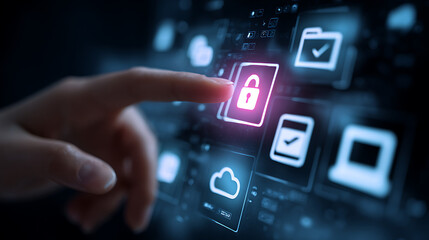 Finger touching glowing pink padlock icon on digital screen with data icons image