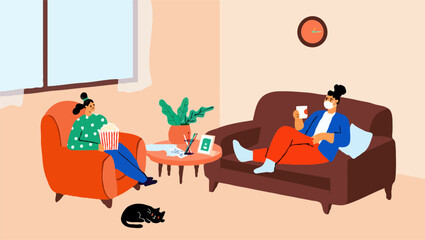 Two people relaxing at home watching a movie with popcorn and drinks