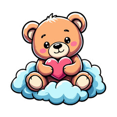Obraz premium Cute teddy bear holding a pink heart while sitting on a cloud
