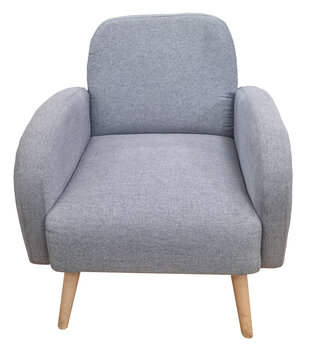 Fauteuil scandinave gris moderne minimaliste isol&eacute; sur fond transparent vu de face pour d&eacute;coration int&eacute;rieure am&eacute;nagement design 3D architecture