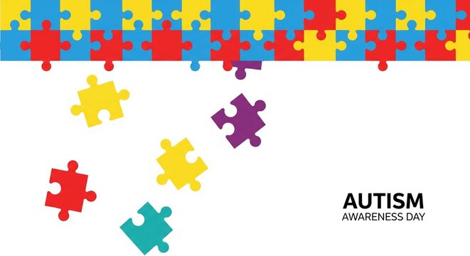 Autism awareness day background with colorful puzzle pieces on white space - Powered by Adobe