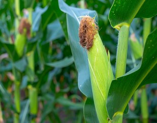 Corn stalk with immature cob