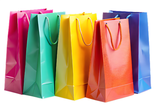   brightly colored shopping bags isolated on white background PNG,AI GENERATED