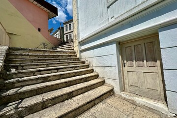 Composition on a stair street in Balchik with vintage elements and vanishing point.