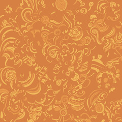 Abstract, detailed, intricate, gold-toned pattern design for textile, wallpaper, or backdrop. Ornate, detailed, gold-toned decorative pattern illustration.