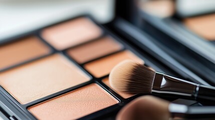 Makeup palette with brushes displayed on a surface for beauty enthusiasts to explore creative looks