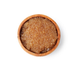 Natural body scrub in wooden bowl isolated on white, top view