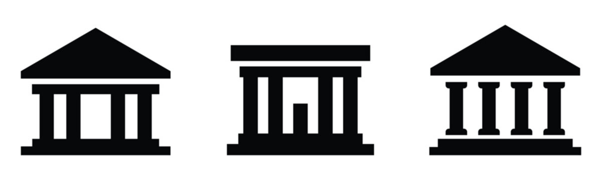 Silhouette icons of classical buildings with columns representing government, law, courthouse, museum, and institutional architecture