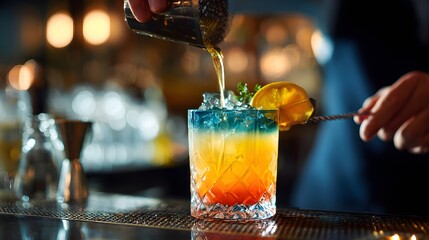 A beautifully layered cocktail being poured by a skilled bartender in a stylish bar setting.