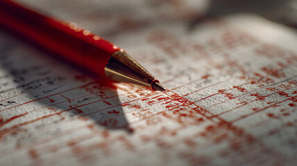 Red pen lying on a sheet with numerical calculations and marks — audit, data checking and accounting work.