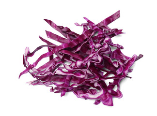 Pile of shredded red cabbage isolated on white, top view