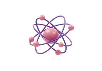 Stylized atom model with pink nucleus and orbiting electrons, isolated on transparent background