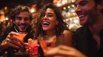 Friends enjoying cocktails and laughing at a bar, creating a joyful atmosphere.