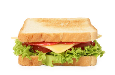 Tasty sandwich with salami, cheese, tomato and lettuce isolated on white