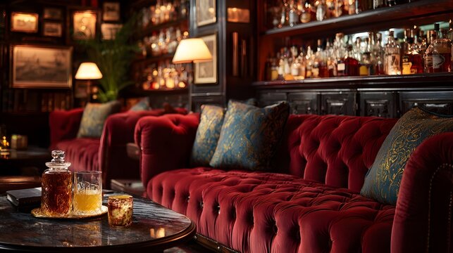 Luxurious bar interior featuring a red velvet sofa, cocktails, and an elegant ambiance.