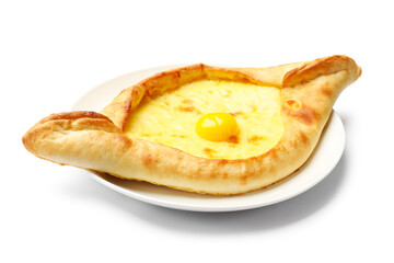 Tasty khachapuri with cheese and egg isolated on white