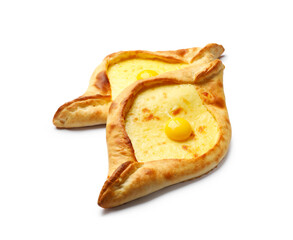 Tasty khachapuris with cheese and eggs isolated on white